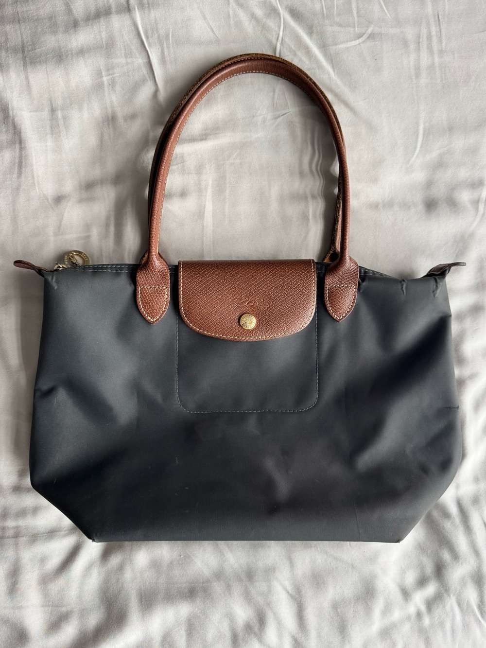 Longchamp Le Pliage Small Grey Shoulder Tote Bag with Brown Leather Trim